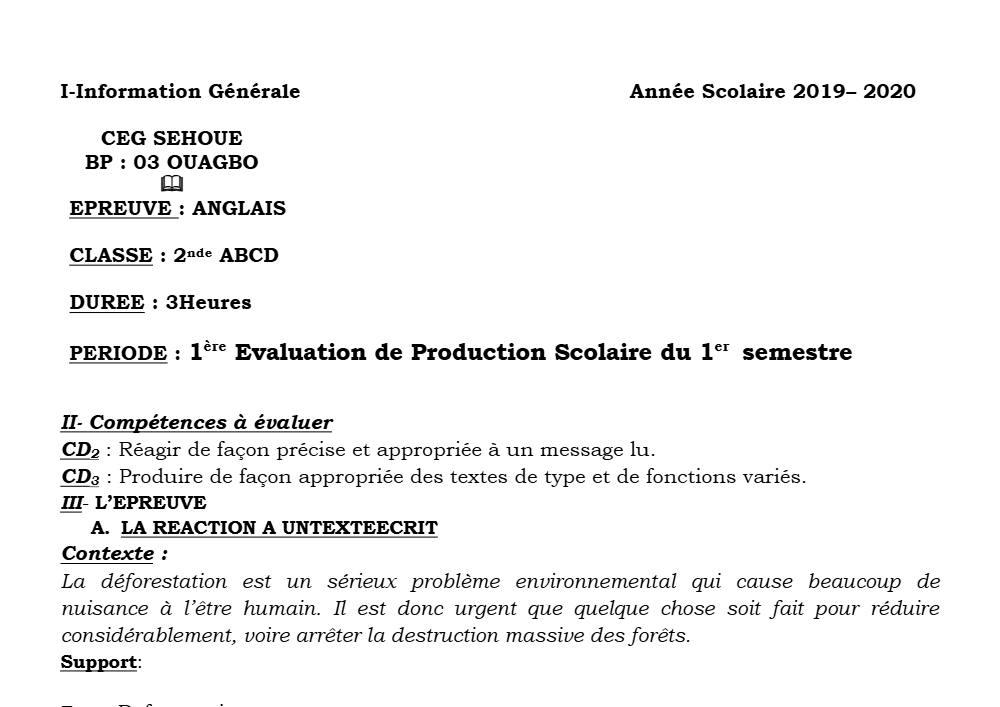 Aperçu de la première page — 2nde ABCD Anglais Devoir 1 Semestre 1 CEG Sehoue 2019 2020
