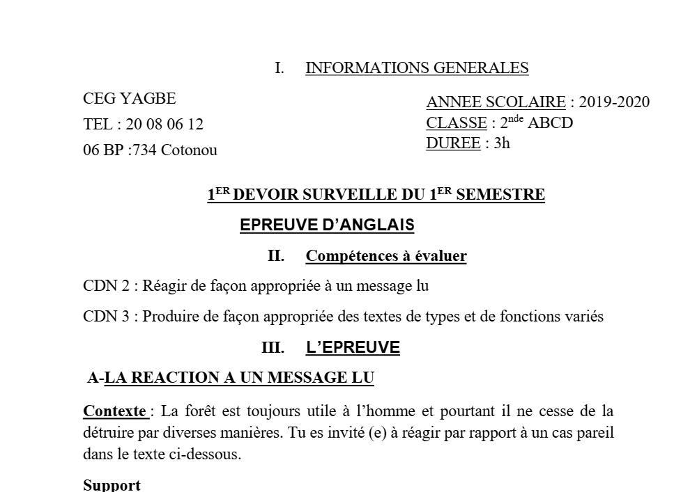 Aperçu de la première page — 2nde ABCD Anglais Devoir 1 Semestre 1 CEG Yagbe 2019 2020