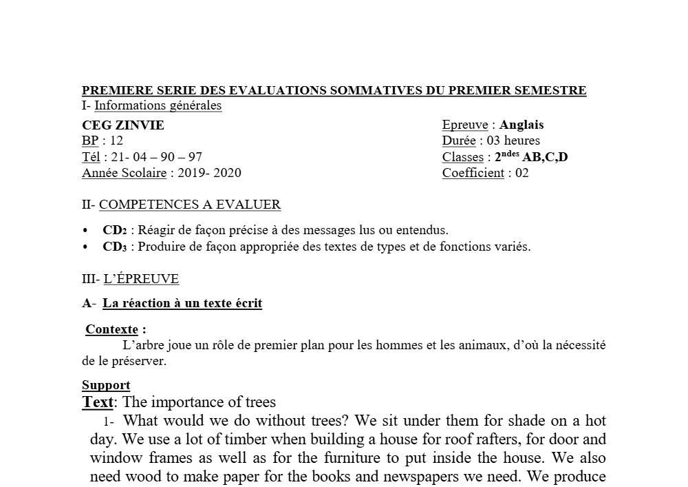 Aperçu de la première page — 2nde ABCD Anglais Devoir 1 Semestre 1 CEG Zinvié 2019 2020