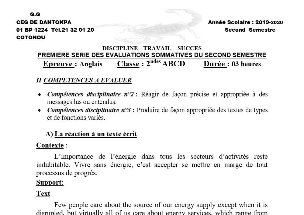 Aperçu de la première page — 2nde ABCD Anglais Devoir 1 Semestre 2 CEG Dantokpa 2019 2020