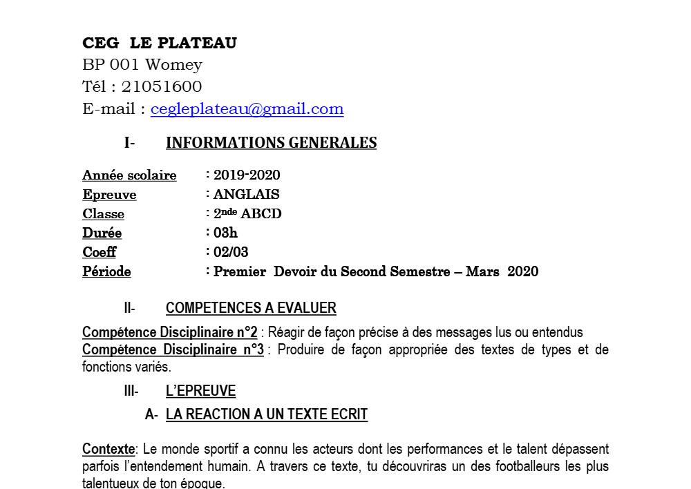 Aperçu de la première page — 2nde ABCD Anglais Devoir 1 Semestre 2 CEG Le Plateau 2019 2020