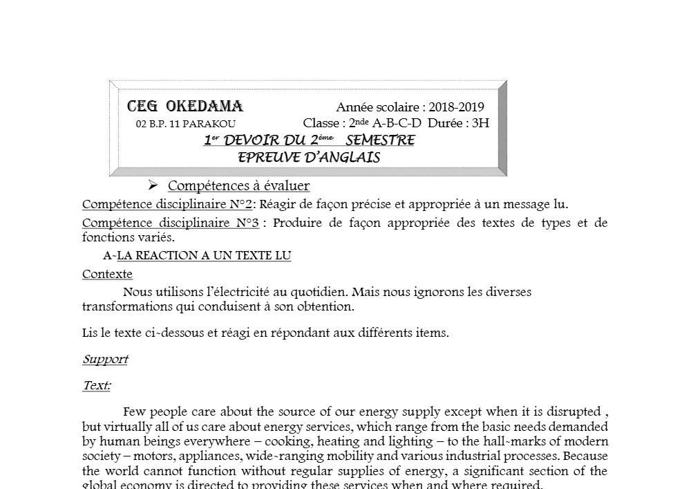 Aperçu de la première page — 2nde ABCD Anglais Devoir 1 Semestre 2 CEG Okedama 2018 2019
