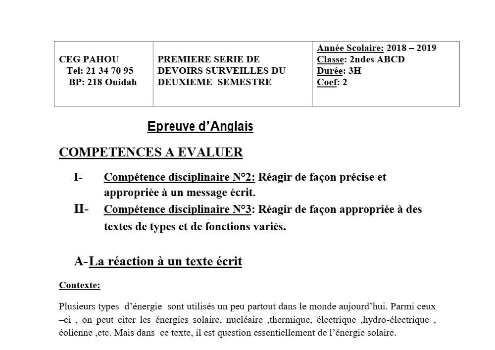 Aperçu de la première page — 2nde ABCD Anglais Devoir 1 Semestre 2 CEG Pahou 2018 2019