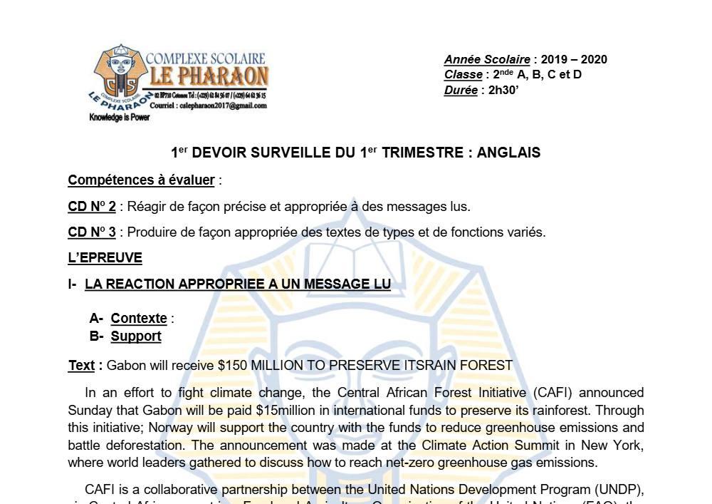 Aperçu de la première page — 2nde ABCD Anglais Devoir 1 Trimestre 1 CS Le Pharaon 2019 2020