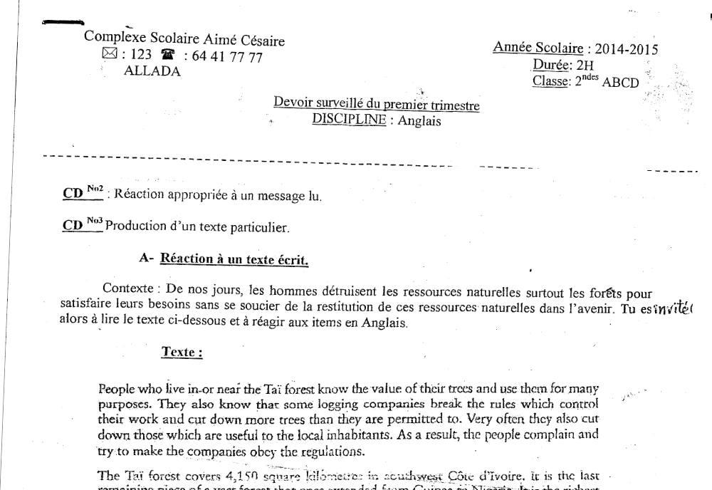 Aperçu de la première page — 2nde A B C D Anglais Devoir Trimestre 1 CS Aime Cesaire 2014 2015