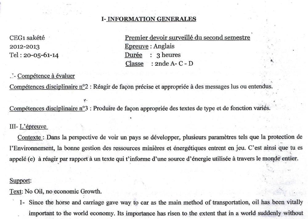 Aperçu de la première page — 2nde A C D Anglais Devoir 1 Semestre 2 CEG1 Sakete 2013