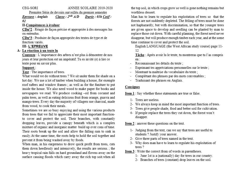 Aperçu de la première page — 2nde A D Anglais Devoir 1 Semestre 1 CEG Sori 2019 2020