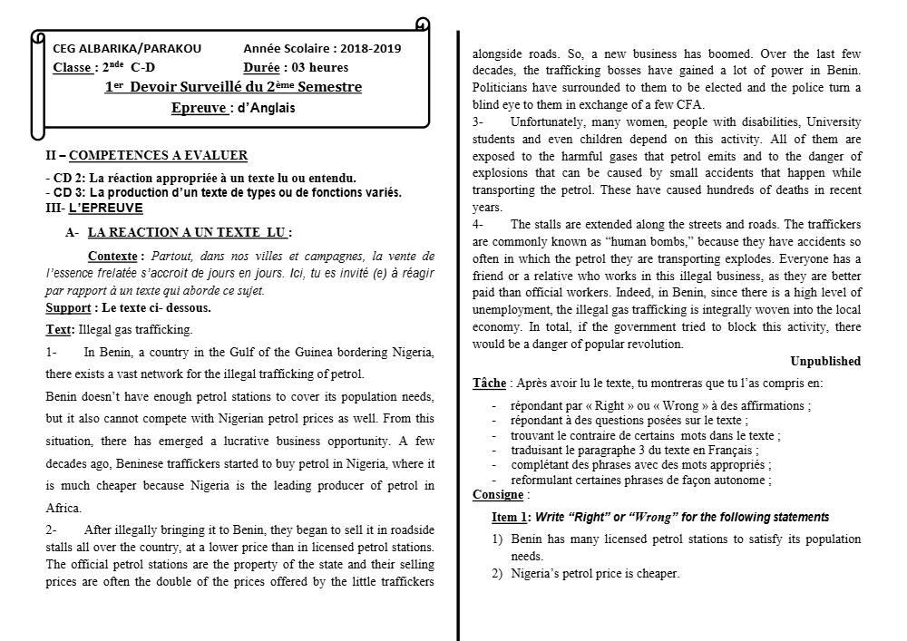 Aperçu de la première page — 2nde C D Anglais Devoir 1 Semestre 2 CEG Albarika 2018 2019