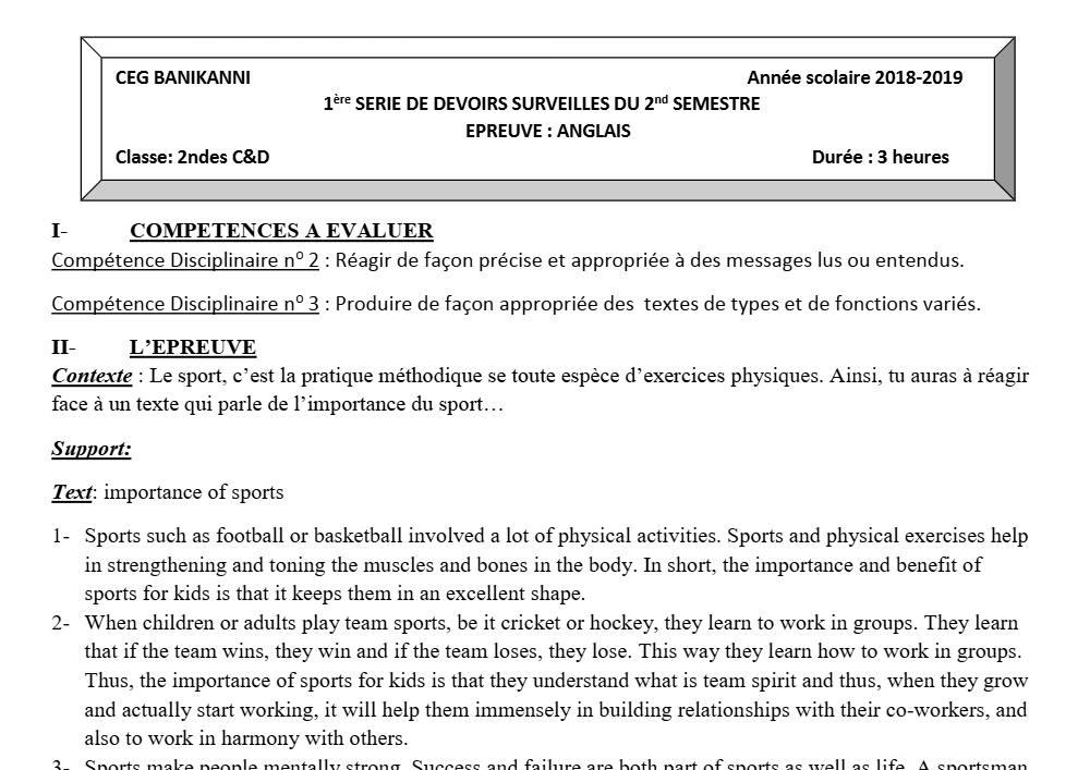 Aperçu de la première page — 2nde CD Anglais Devoir 1 Semestre 2 CEG Banikanni 2018 2019