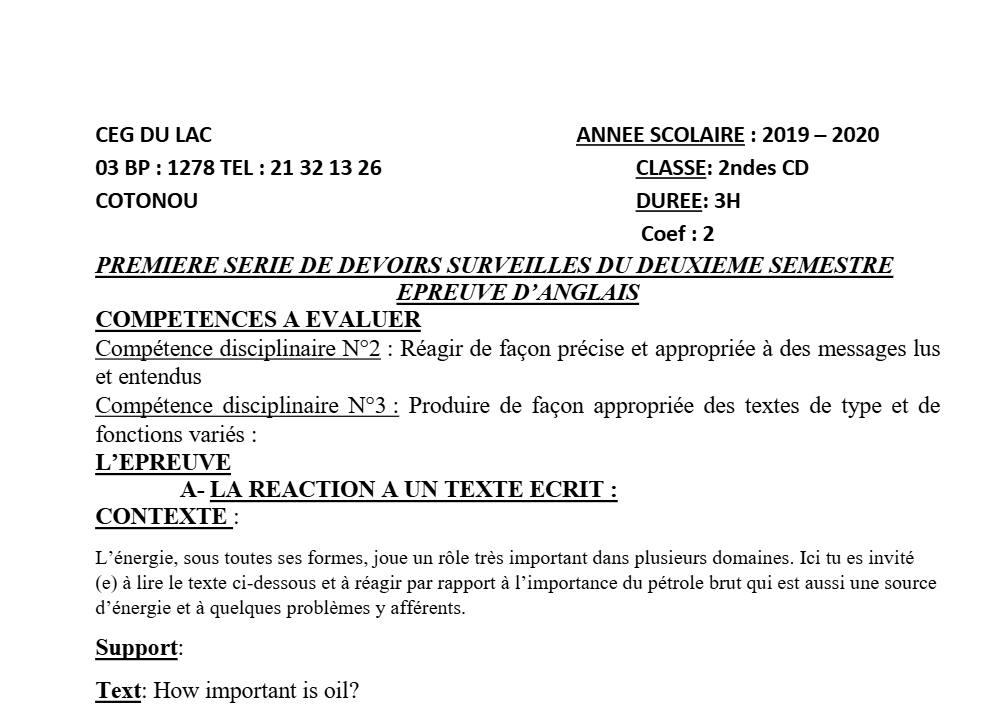 Aperçu de la première page — 2nde CD Anglais Devoir 1 Semestre 2 CEG du Lac 2019 2020