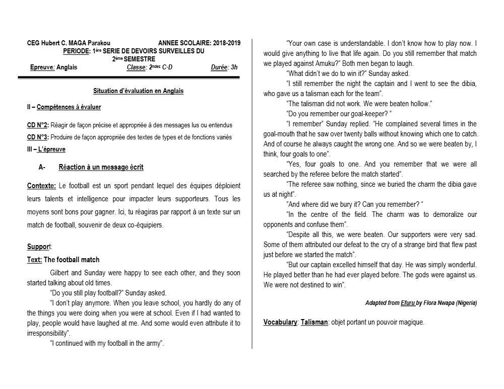Aperçu de la première page — 2nde CD Anglais Devoir 1 Semestre 2 CEG Hubert C Maga 2018 2019