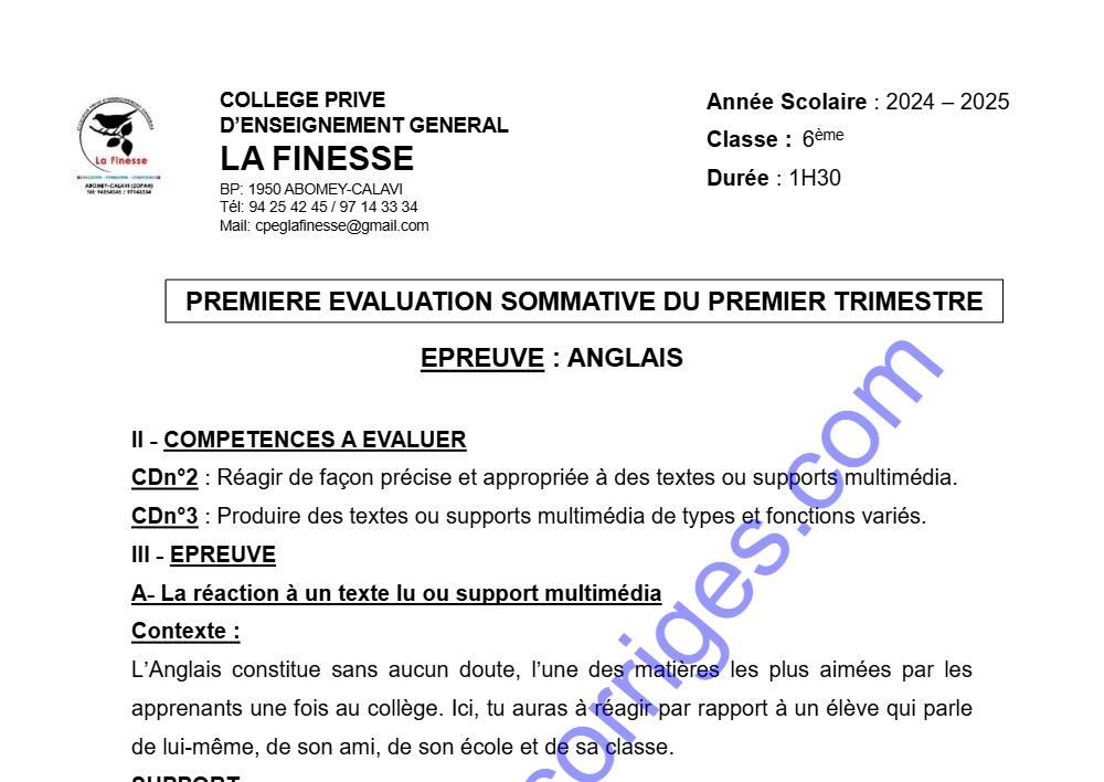 Aperçu de la première page — 1ERE EVALUATION SOMMATIVE DU 1ER TRIMESTRE ANGLAIS CLASSE DE 6EME ANNEE SCOLAIRE 2024 2025 CPEG LA FINESSE