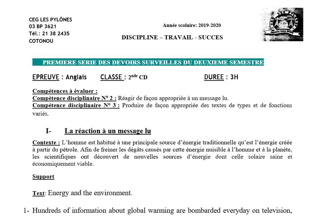 Aperçu de la première page — 2nde CD Anglais Devoir 1 Semestre 2 CEG Les Pylônes 2019 2020