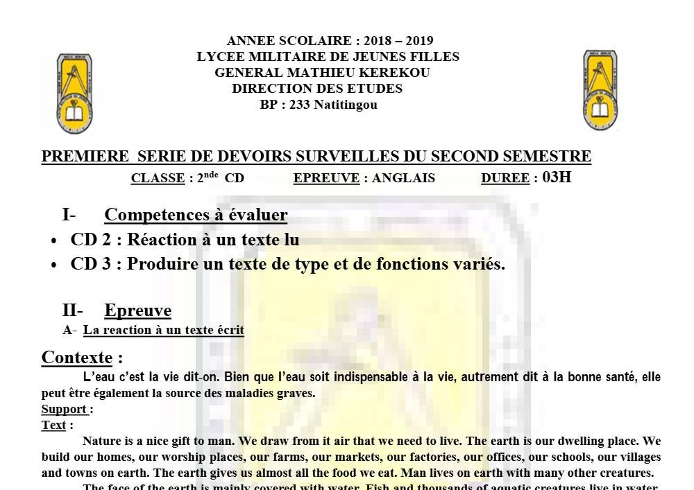 Aperçu de la première page — 2nde CD Anglais Devoir 1 Semestre 2 Lmjf de Natitingou 2018 2019