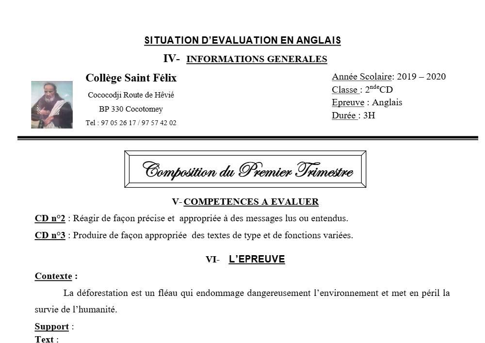 Aperçu de la première page — 2nde CD Anglais Devoir 1 Trimestre 1 CS Saint Felix 2019 2020
