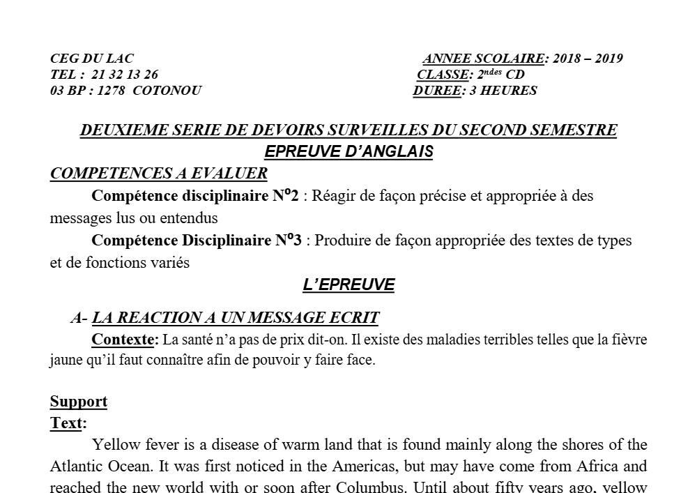 Aperçu de la première page — 2nde C D Anglais Devoir 2 Semestre 2 CEG du Lac 2018 2019