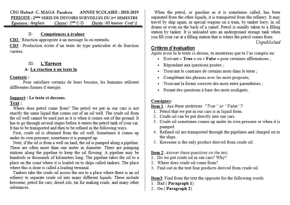 Aperçu de la première page — 2nde C D Anglais Devoir 2 Semestre 2 CEG Hubert C Maga 2018 2019