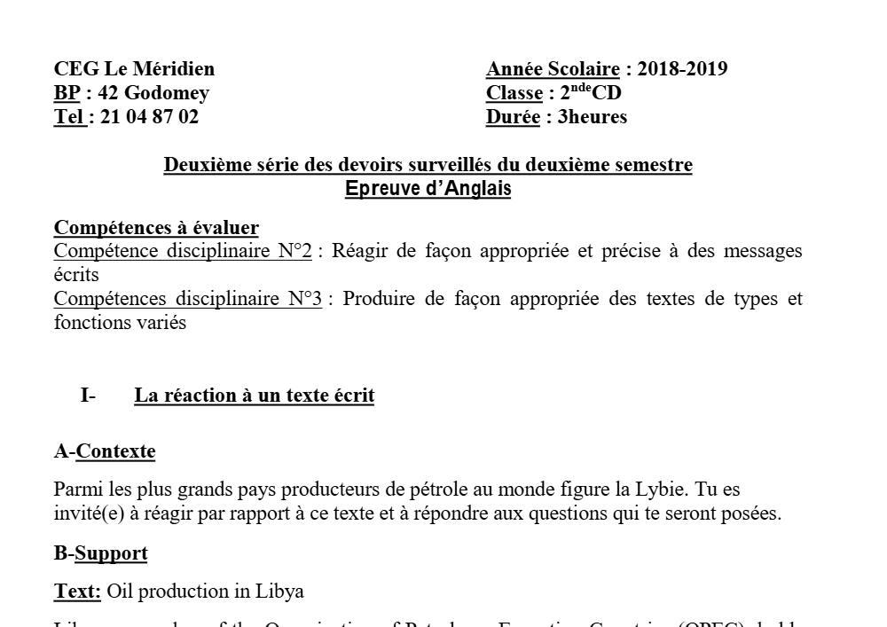 Aperçu de la première page — 2nde CD Anglais Devoir 2 Semestre 2 CEG Le Meridien 2018 2019