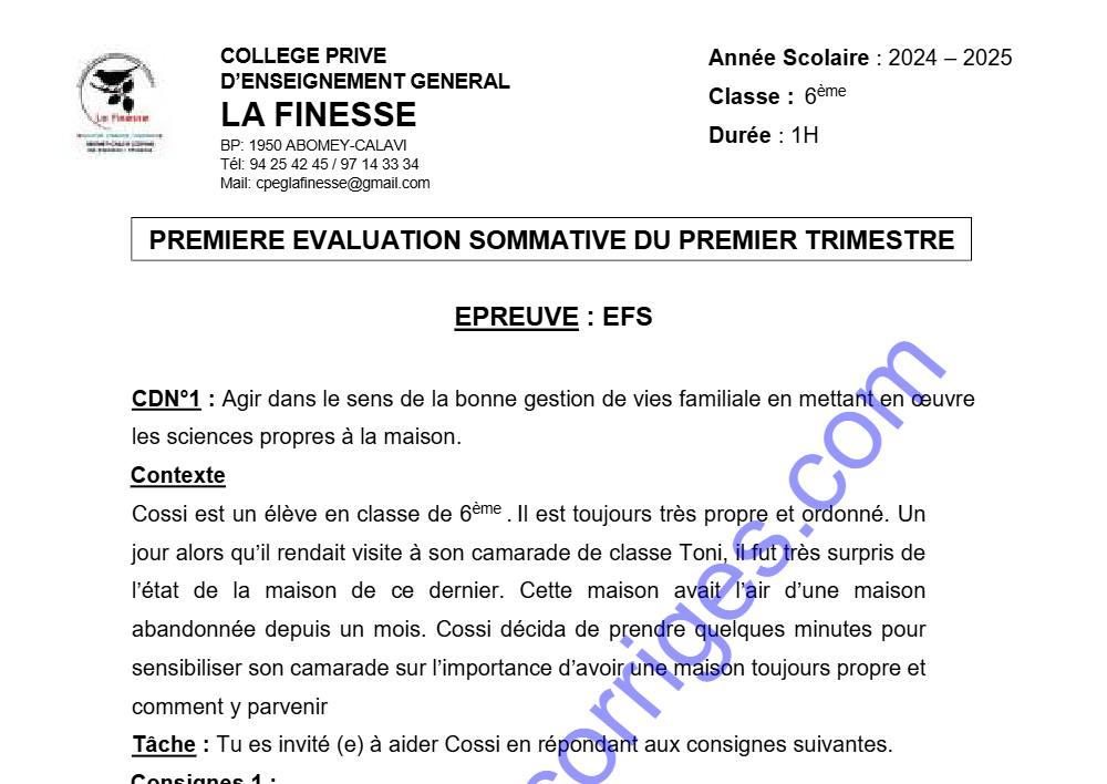 Aperçu de la première page — 1ERE EVALUATION SOMMATIVE DU 1ER TRIMESTRE EPS CLASSE DE 6EME ANNEE SCOLAIRE 2024 2025 CPEG LA FINESSE