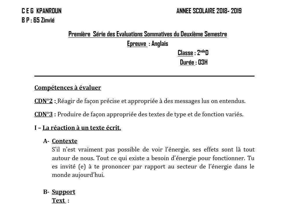 Aperçu de la première page — 2nde D Anglais Devoir 1 Semestre 2 CEG Kpanroun 2018 2019