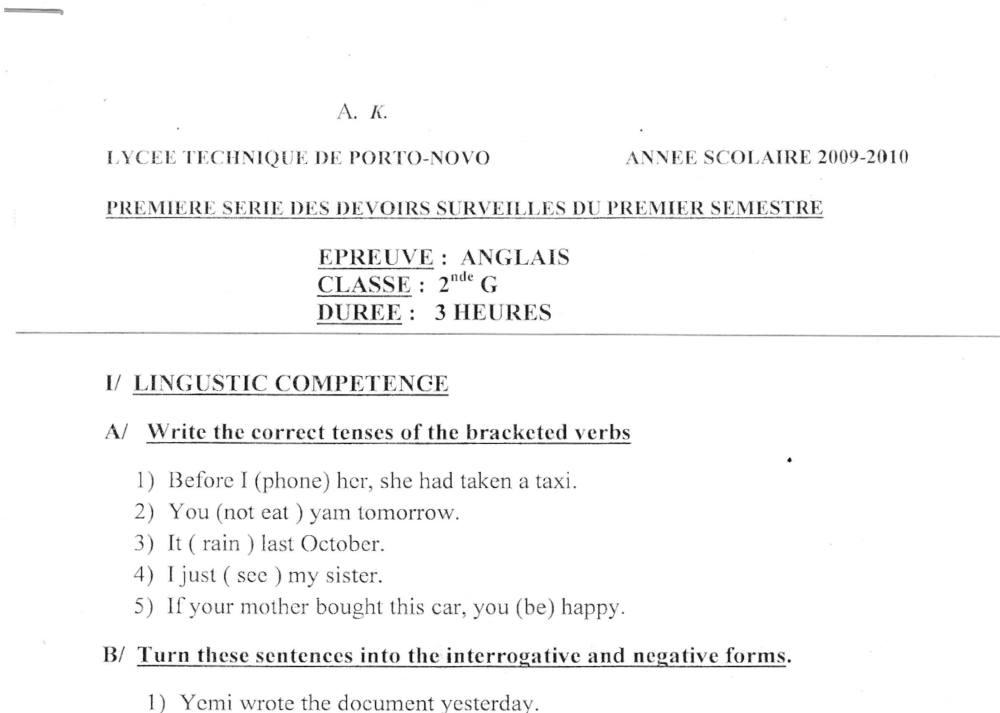 Aperçu de la première page — 2nde G Anglais Devoir 1 Semestre 1 Lycée Technique de Porto Novo 2009 2010