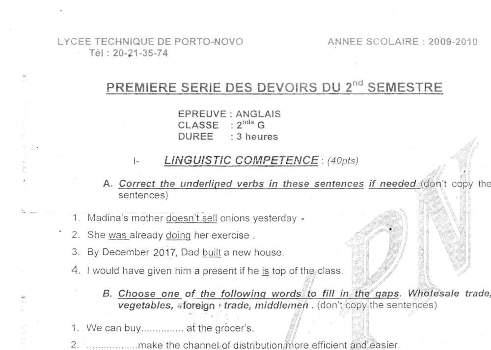Aperçu de la première page — 2nde G Anglais Devoir 1 Semestre 2 Lycée Technique de Porto Novo 2009 2010