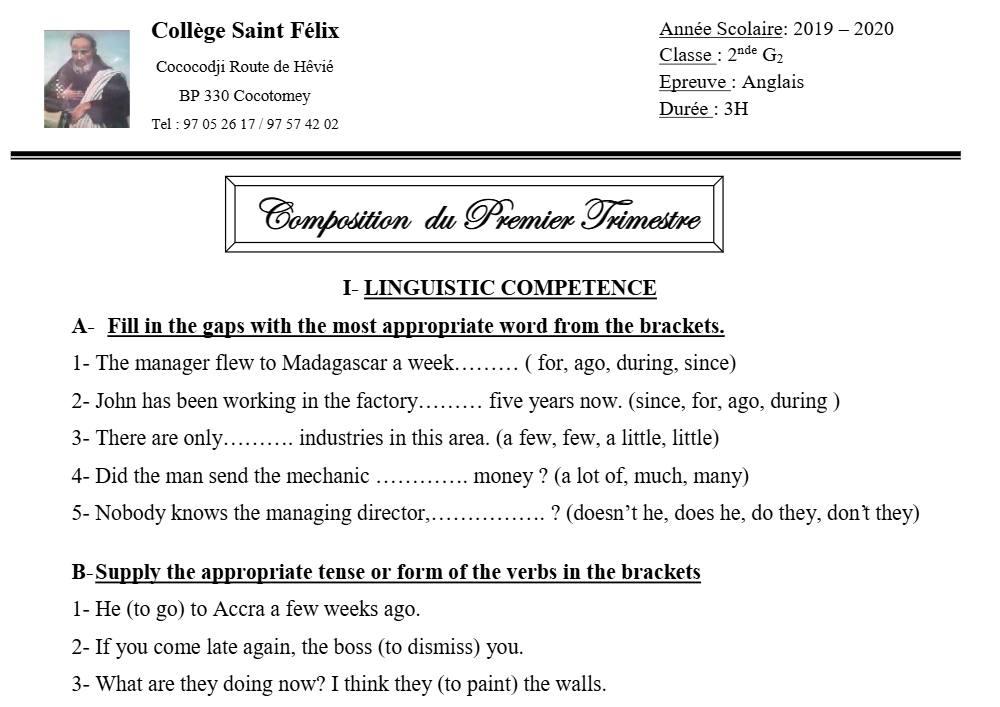 Aperçu de la première page — 2nde G2 Anglais Devoir 1 Trimestre 1 CS Saint Felix 2019 2020