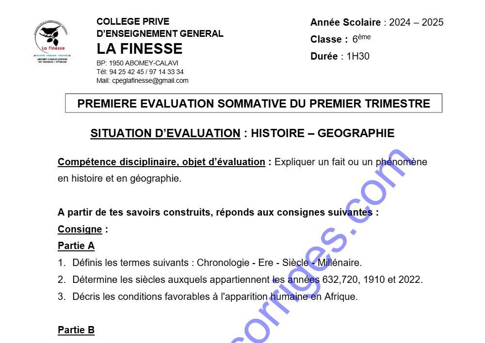 Aperçu de la première page — 1ERE EVALUATION SOMMATIVE DU 1ER TRIMESTRE HISTOIRE GEOGRAPHIE CLASSE DE 6EME ANNEE SCOLAIRE 2024 2025 CPEG LA FINESSE