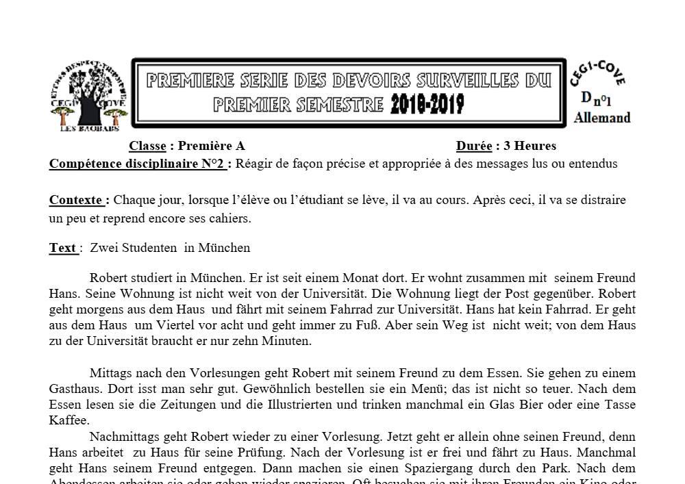 Aperçu de la première page — 1ère A1 A2 Allemand 1er Devoir 1er Semestre CEG1 Cove 2018 2019
