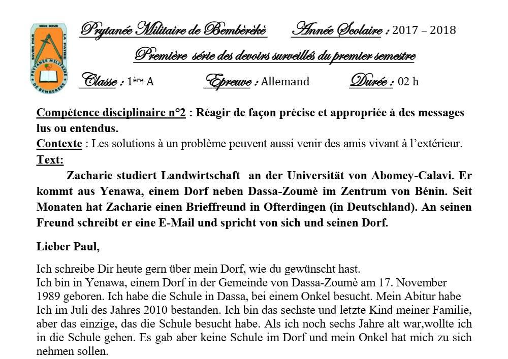Aperçu de la première page — 1ère A1 A2 Allemand 1er Devoir 1er Semestre Prytanee Militaire de Bembereke 2017 2018