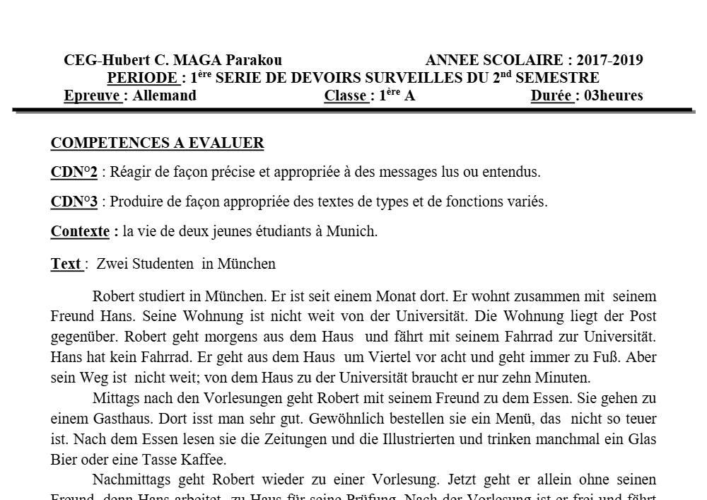 Aperçu de la première page — 1ère A1 A2 Allemand 1er Devoir 2ème Semestre CEG Hubert C Maga 2018 2019