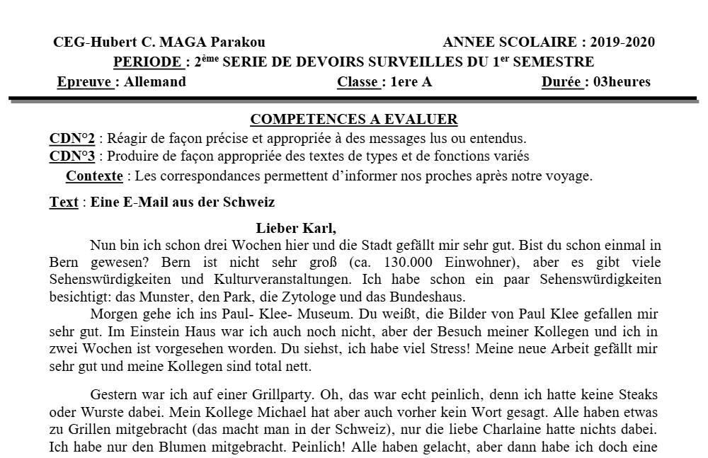 Aperçu de la première page — 1ère A1 A2 Allemand 2ème Devoir 1er Semestre CEG Hubert C Maga 2019 2020