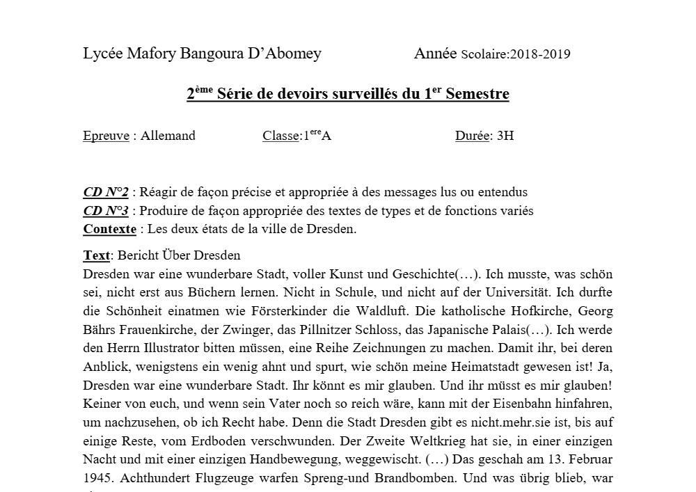 Aperçu de la première page — 1ère A1 A2 Allemand 2ème Devoir 1er Semestre Lycée Mafory Bangoura 2018 2019