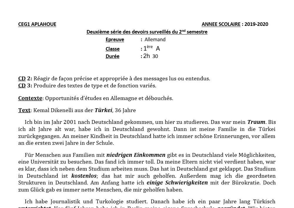Aperçu de la première page — 1ère A1 A2 Allemand 2ème Devoir 2ème Semestre CEG1 Aplahoué 2019 2020