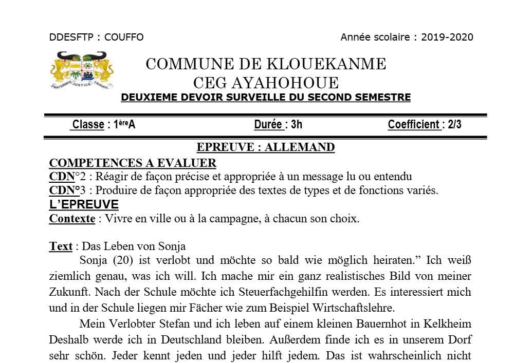 Aperçu de la première page — 1ère A1 A2 Allemand 2ème Devoir 2ème Semestre CEG Ayahohoue 2019 2020