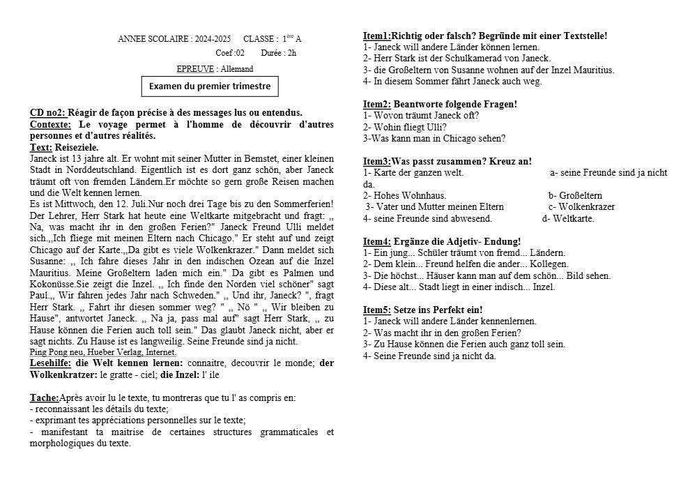 Aperçu de la première page — 1ère A1 A2 Allemand Composition 1er Trimestre de 2024 2025