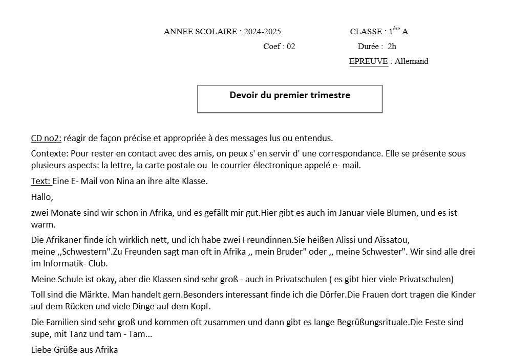 Aperçu de la première page — 1ère A1 A2 Allemand Devoir 1er Trimestre 2024 2025
