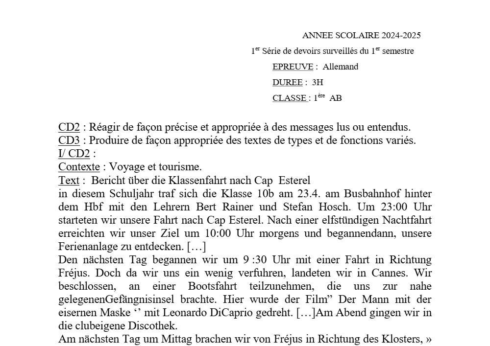 Aperçu de la première page — 1ère A1 A2 B Allemand 1er Devoir 1er Semestre Annee Scolaire CEG Novembre 2024 (2)