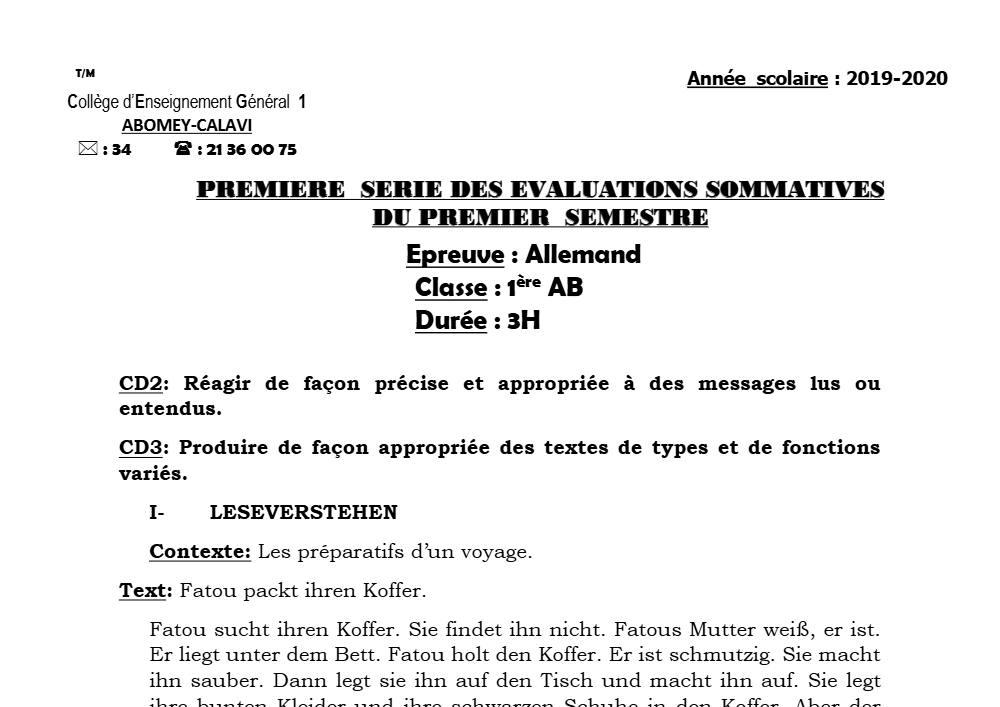 Aperçu de la première page — 1ère A1 A2 B Allemand 1er Devoir 1er Semestre CEG1 Abomey Calavi 2019 2020
