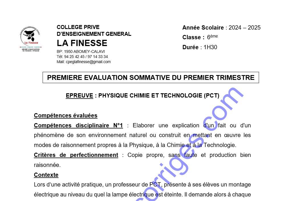 Aperçu de la première page — 1ERE EVALUATION SOMMATIVE DU 1ER TRIMESTRE PCT CLASSE DE 6EME ANNEE SCOLAIRE 2024 2025 CPEG LA FINESSE