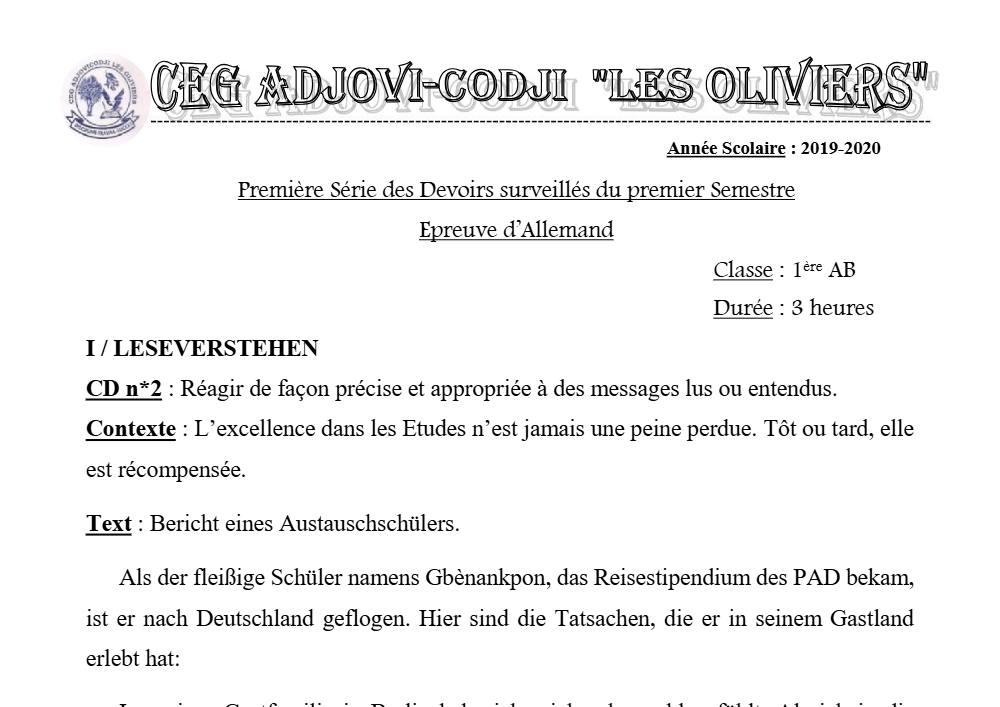 Aperçu de la première page — 1ère A1 A2 B Allemand 1er Devoir 1er Semestre CEG Adjovi Codji 2019 2020