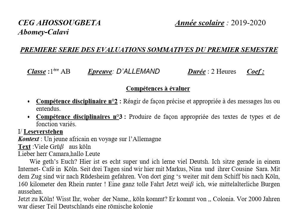 Aperçu de la première page — 1ère A1 A2 B Allemand 1er Devoir 1er Semestre CEG Ahossougbéta 2019 2020