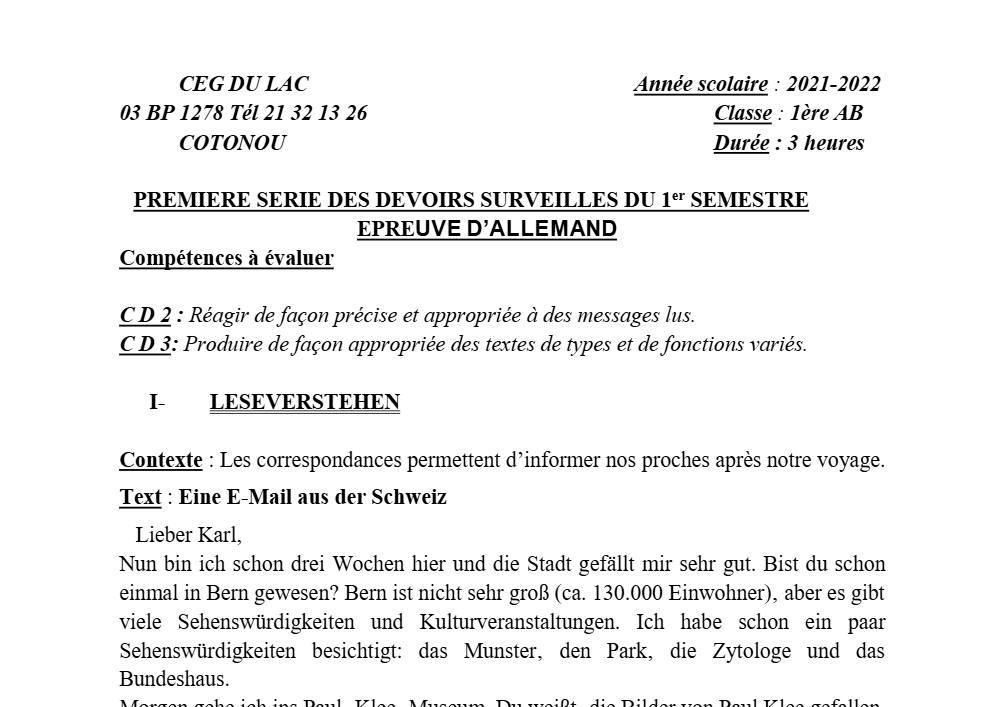 Aperçu de la première page — 1ère A1 A2 B Allemand 1er Devoir 1er Semestre CEG du Lac 2021 2022