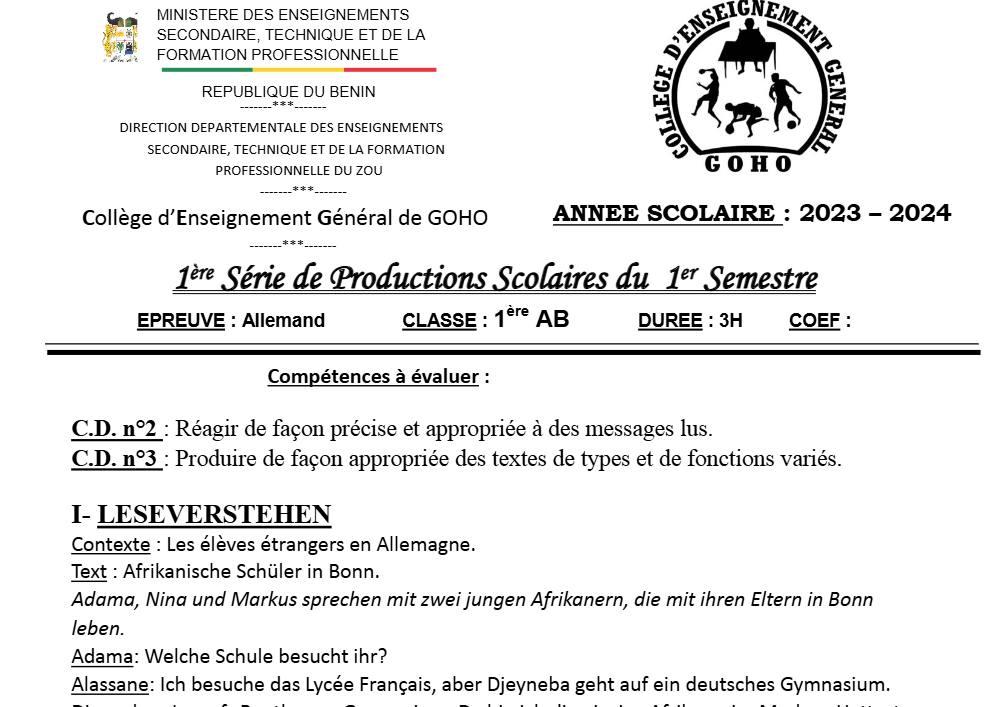 Aperçu de la première page — 1ère A1 A2 B Allemand 1er Devoir 1er Semestre CEG Goho Abomey 2023 2024