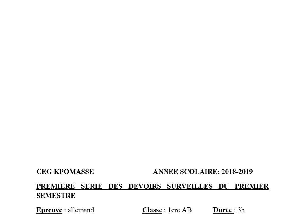 Aperçu de la première page — 1ère A1 A2 B Allemand 1er Devoir 1er Semestre CEG Kpomasse 2018 2019