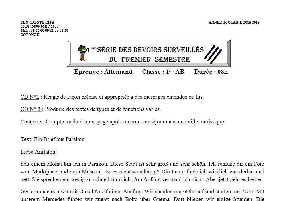 Aperçu de la première page — 1ère A1 A2 B Allemand 1er Devoir 1er Semestre CEG Sainte Rita 2018 2019
