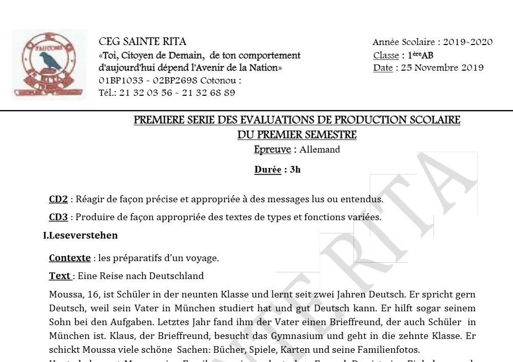 Aperçu de la première page — 1ère A1 A2 B Allemand 1er Devoir 1er Semestre CEG Sainte Rita 2019 2020