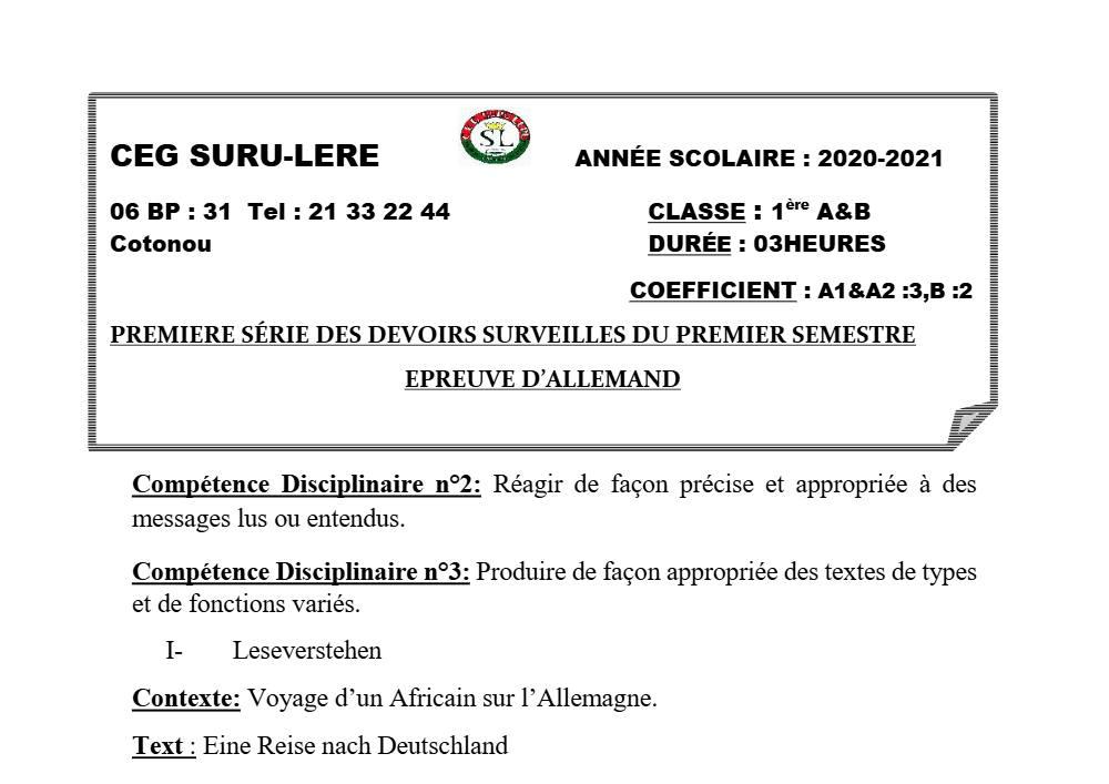 Aperçu de la première page — 1ère A1 A2 B Allemand 1er Devoir 1er Semestre CEG Suru Léré 2020 2021