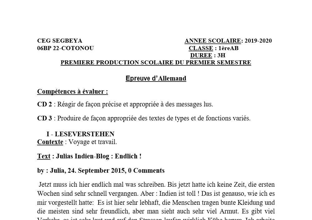 Aperçu de la première page — 1ère A1 A2 B Allemand 1er Devoir 1er Semestre CEG Ségbéya 2019 2020