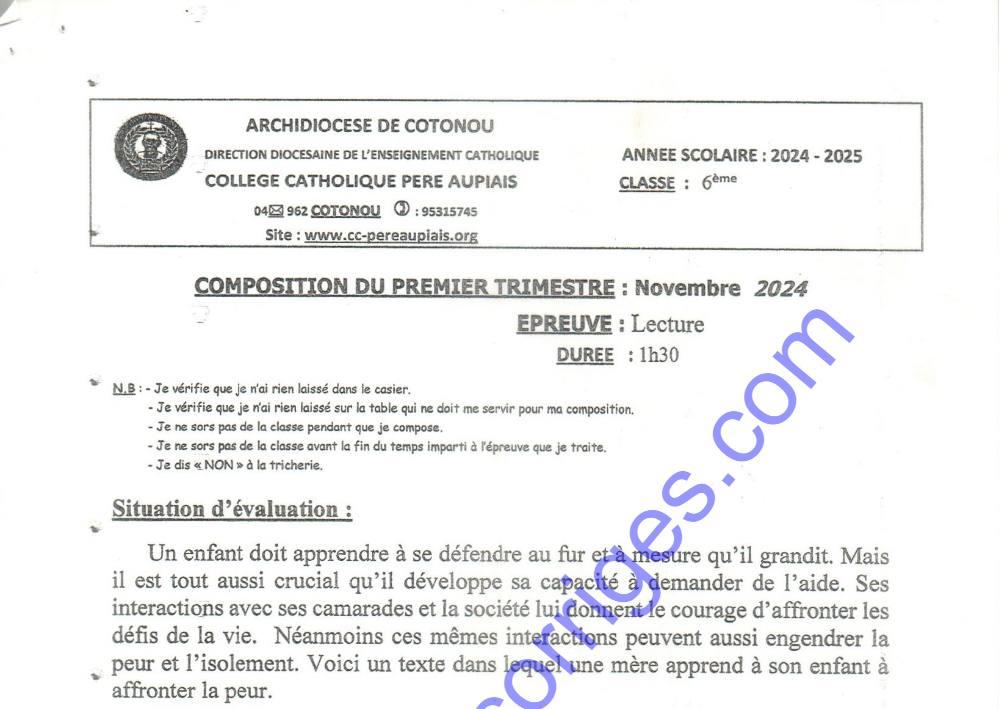 Aperçu de la première page — COMPOSITION DU 1ER TRIMESTRE LECTURE CLASSE DE 6EME NOVEMBRE 2024 COLLEGE CATHOLIQUE PERE AUPIAIS
